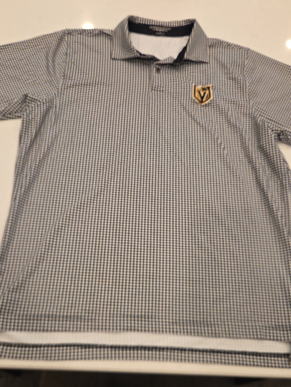 Fairway & Greene Navy Micro-Check Polo with Las Vegas Golden Knights Crest Patch